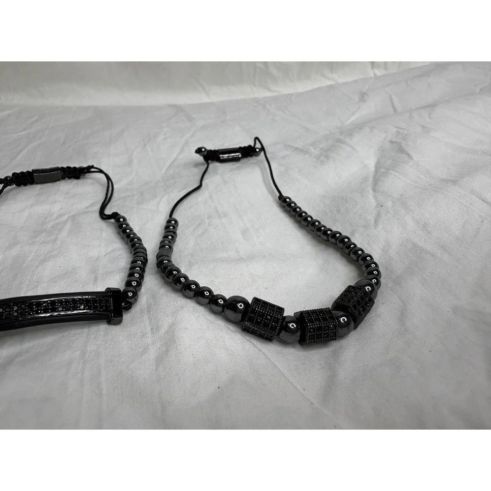 Mens Black Beaded Bracelets Crown Bar Square Accent Set 3
